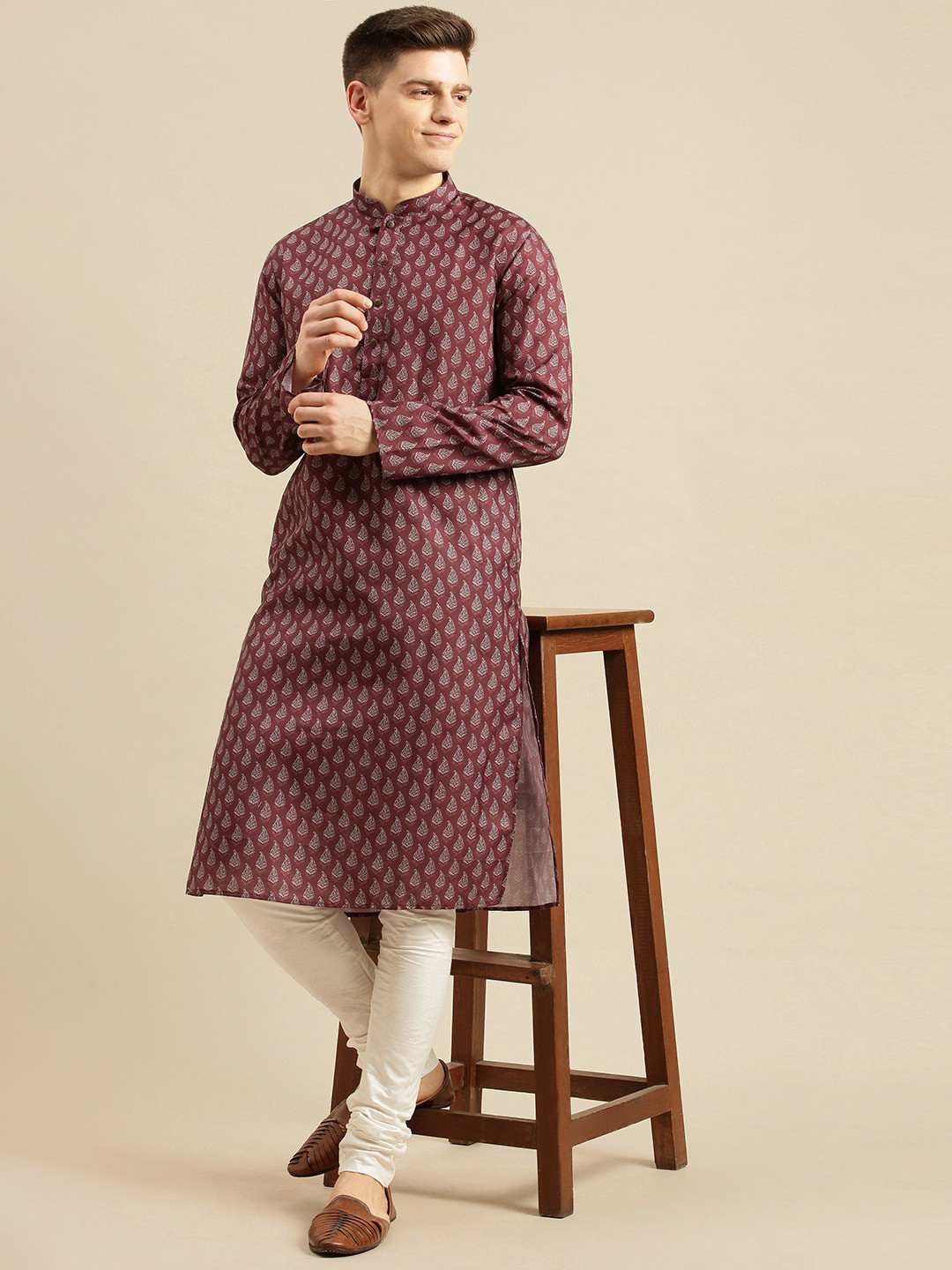 

Sanwara Men Maroon & Off-White Paisley Printed Pure Cotton Kurta with Churidar