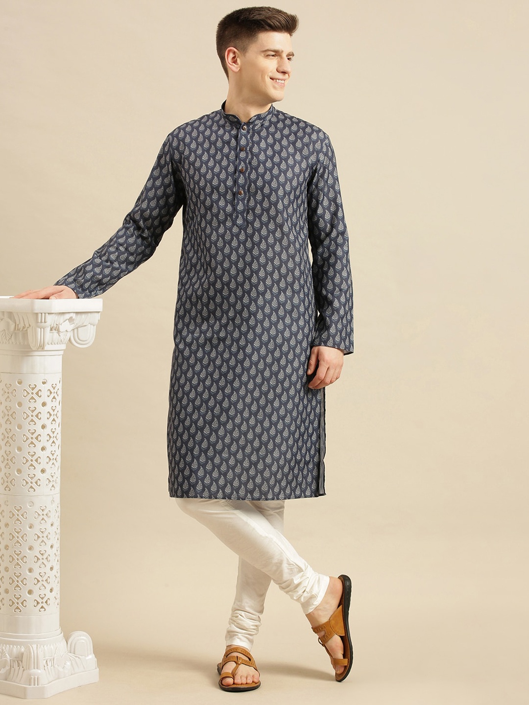 

Sanwara Men Blue Ethnic Motifs Printed Pure Cotton Kurta with Churidar