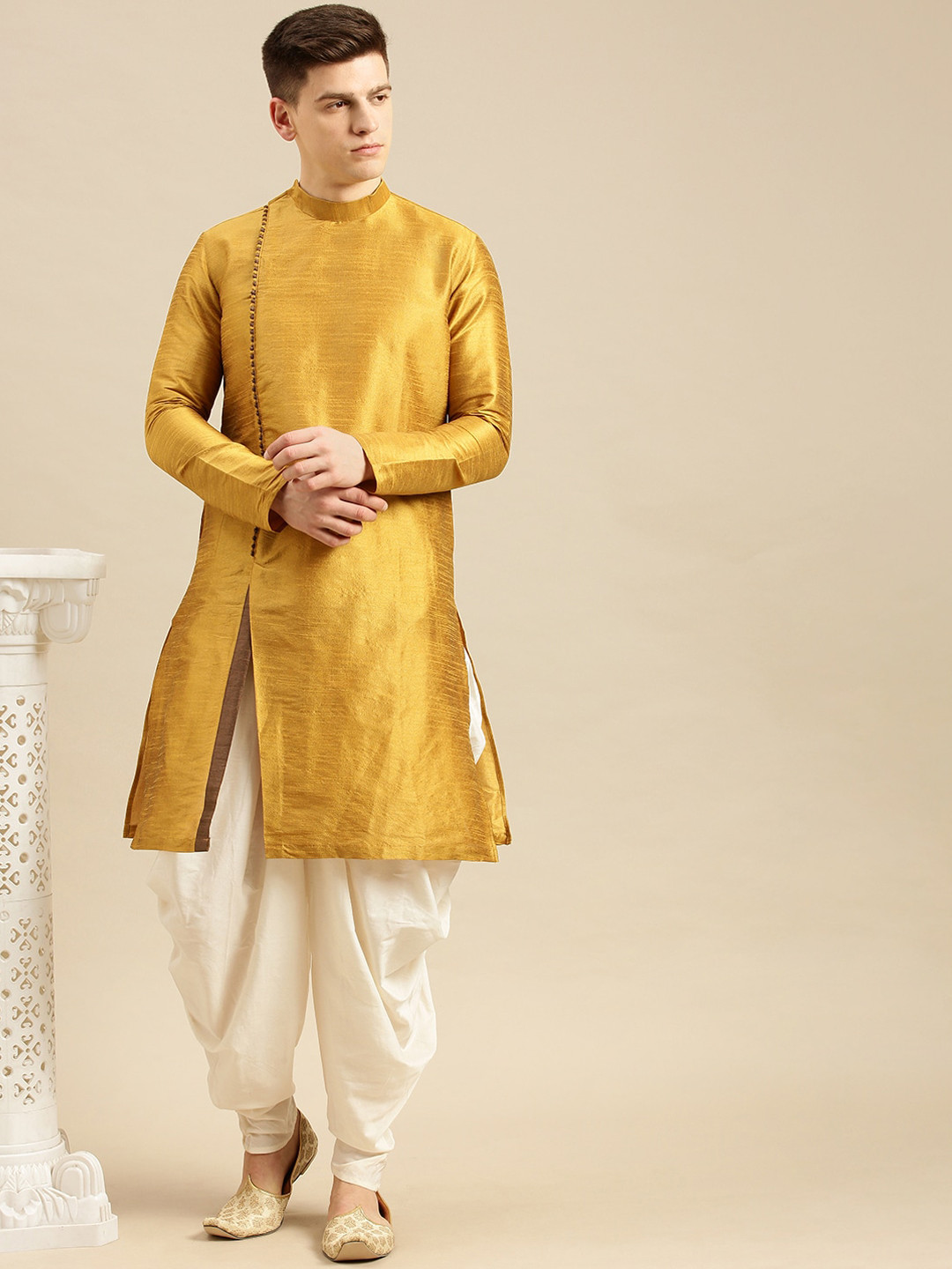 

Sanwara Men Golden & Off-White Angrakha Kurta with Dhoti Pants, Gold