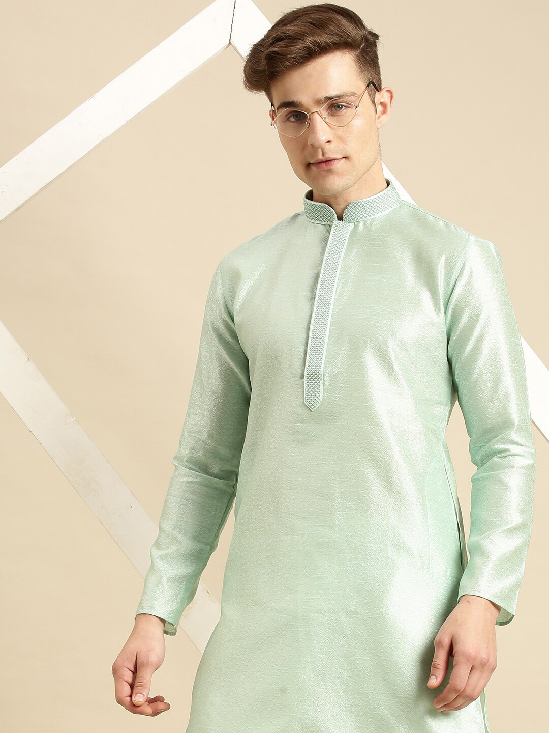 

Sanwara Men Green Self Design Art Silk Kurta Set