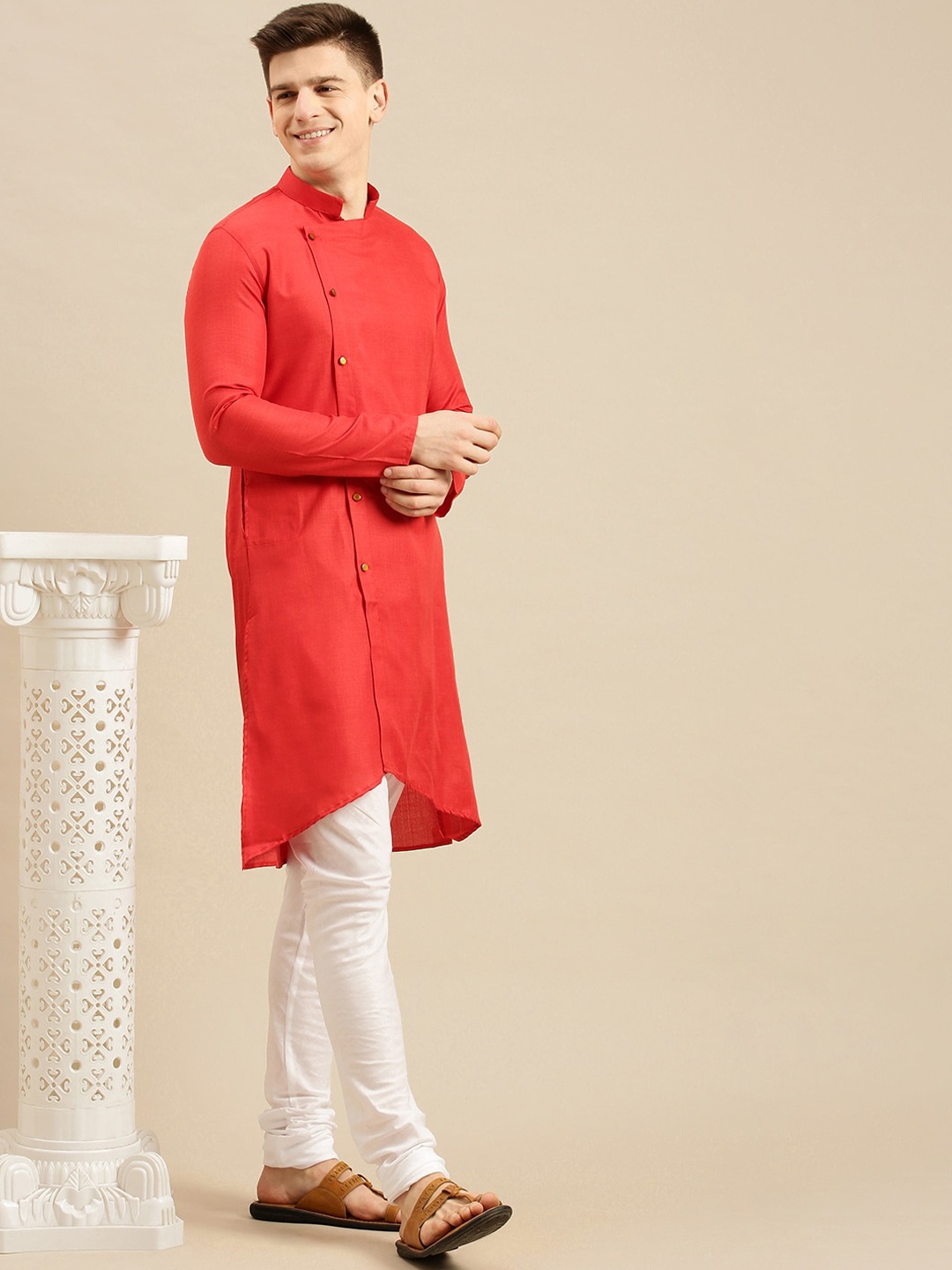 

Sanwara Men Red Pleated Pure Cotton Kurta with Trousers & With Dupatta