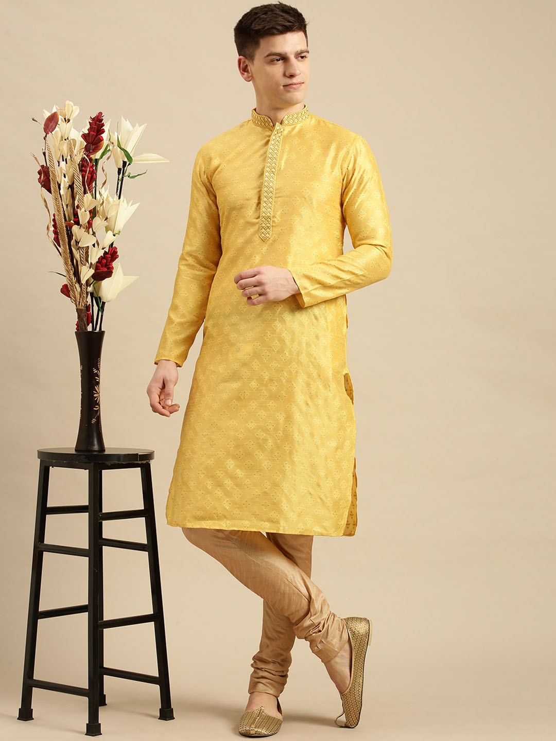

Sanwara Men Yellow Thread Work Kurta with Churidar