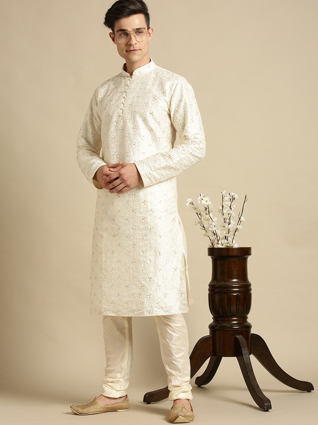 

Sanwara Men Cream-Coloured Angrakha Kurta with Churidar