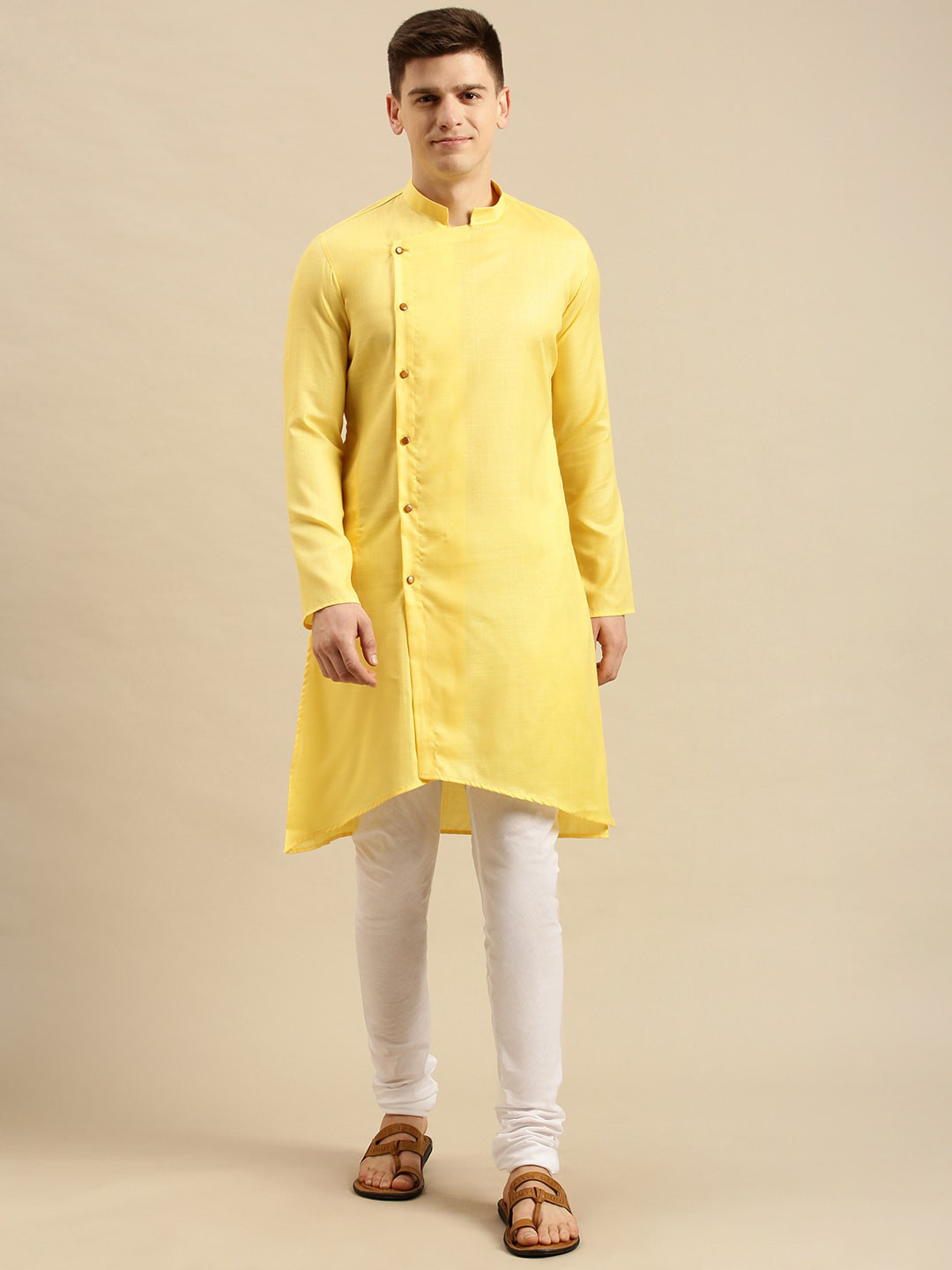 

Sanwara Men Yellow Angrakha Pure Cotton Kurta with Churidar