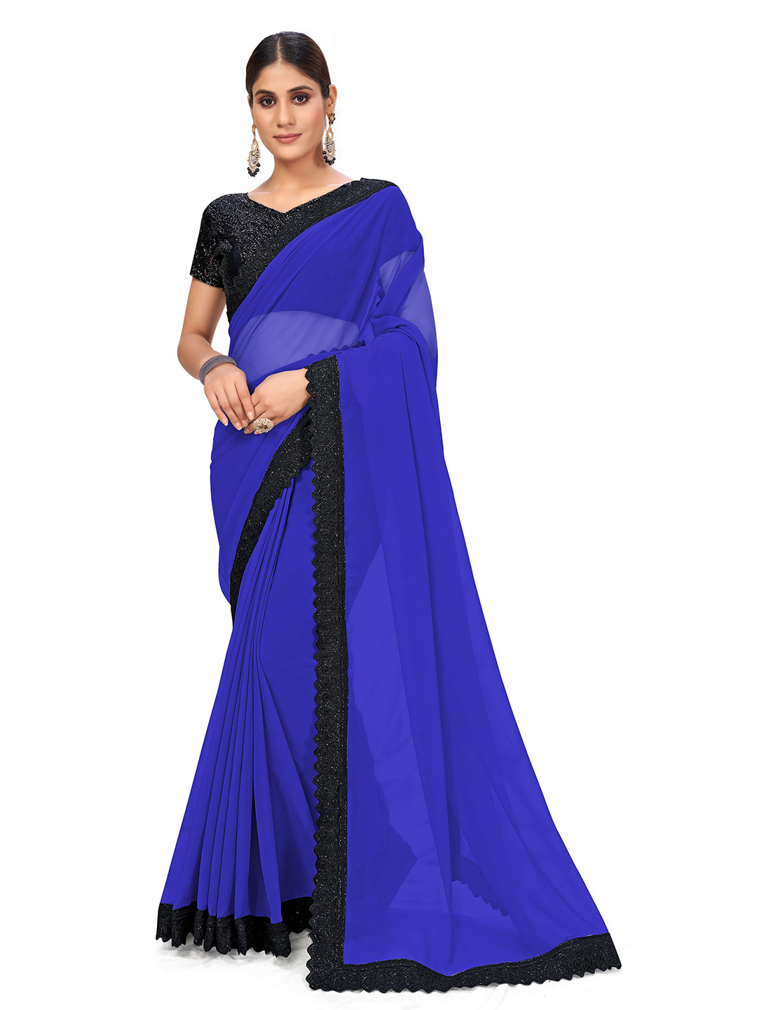 

SUTRAM Blue & Black Sequinned Lace Bordered Saree