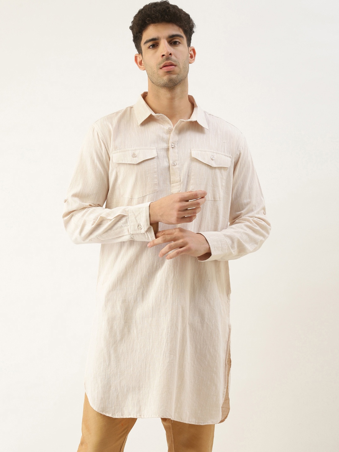 

WHITE HEART Men Khaki Solid Cotton Pathani Kurta