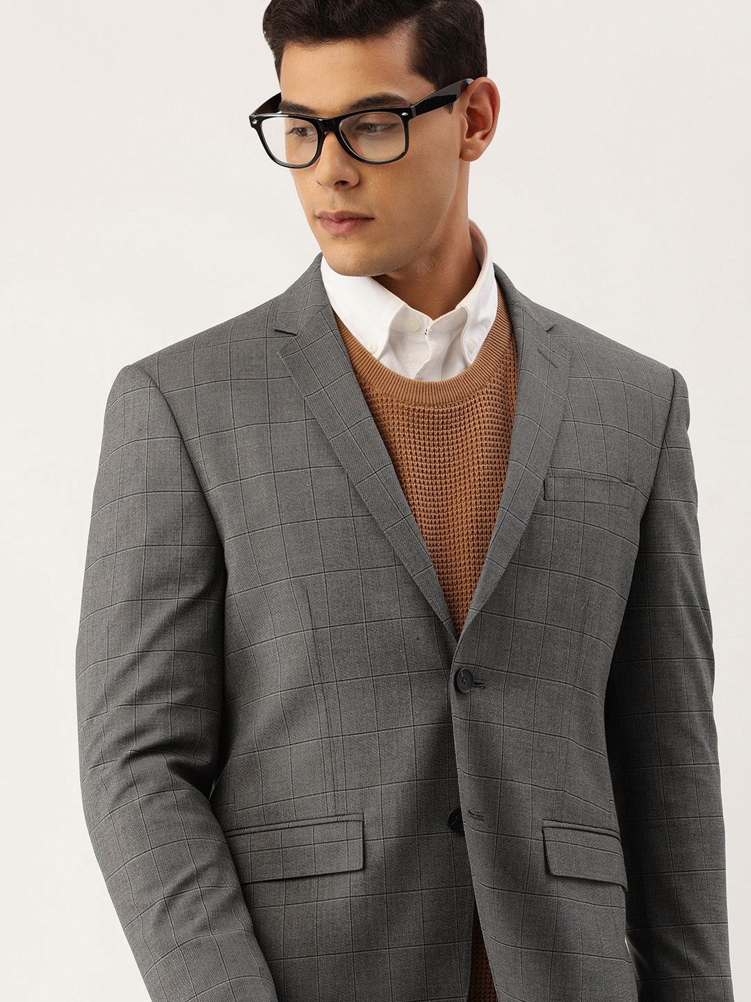 

Peter England Men Grey & Black Neo Slim Fit Checked Single-Breasted Formal Blazer