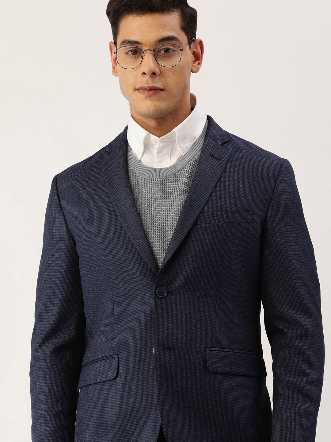 

Peter England Men Navy Blue Neo Slim Fit Checked Single-Breasted Formal Blazer