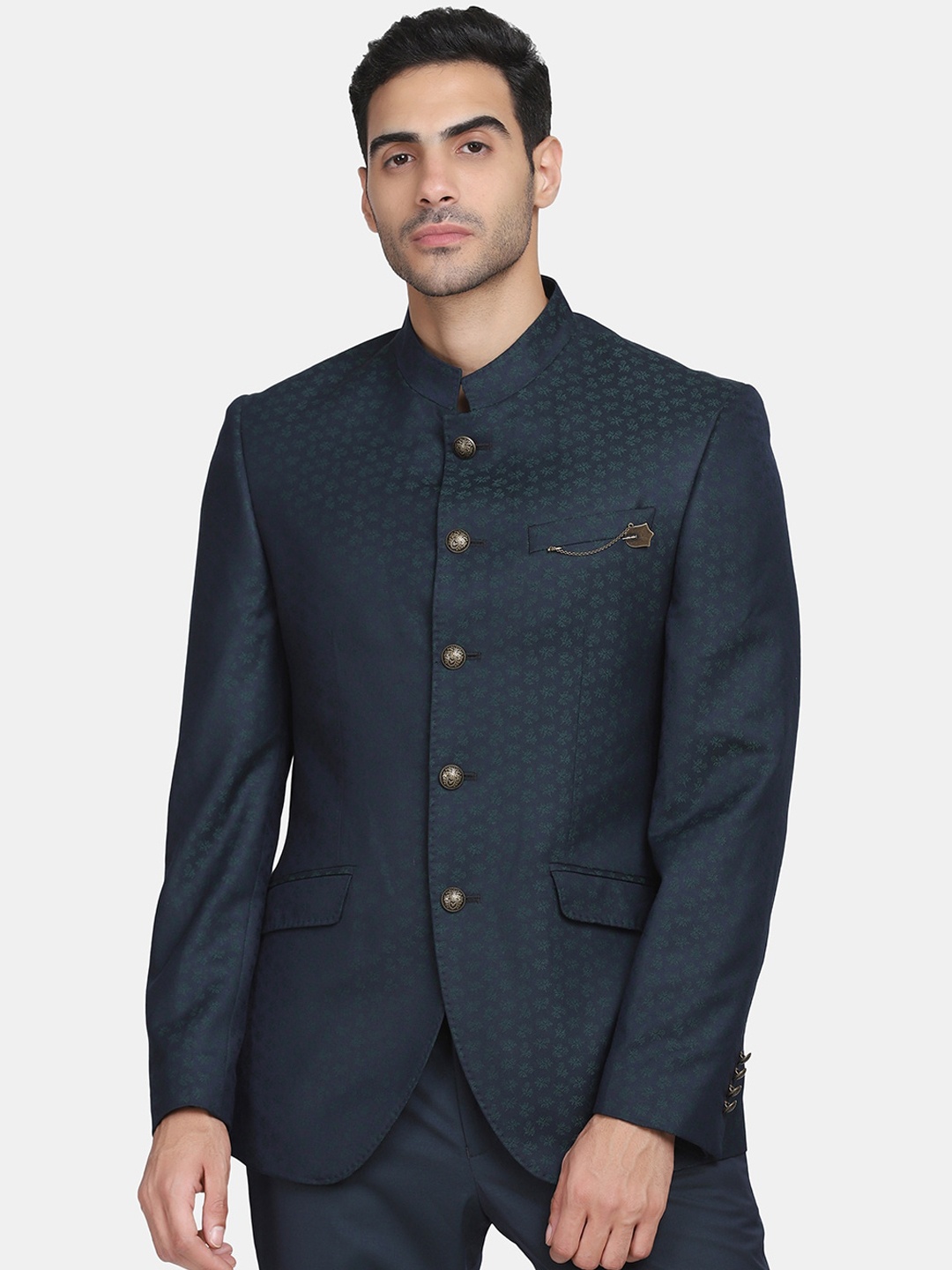 

Blackberrys Men Olive Green & Blue Printed Slim-Fit Bandhgala Party Suit