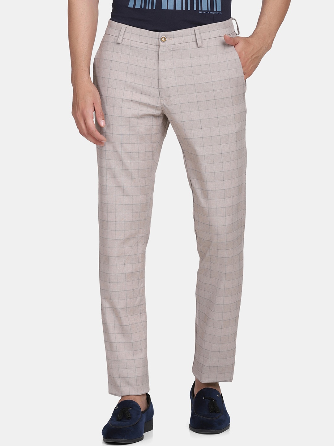 

Blackberrys Men Beige Checked B-91 Skinny Fit Trousers