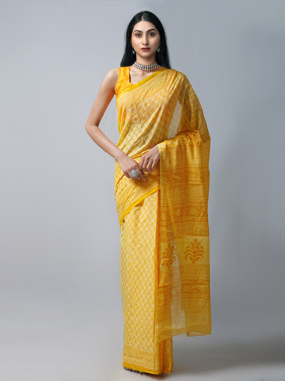 

Unnati Silks Yellow & Mustard Ethnic Motifs Pure Cotton Block Print Saree