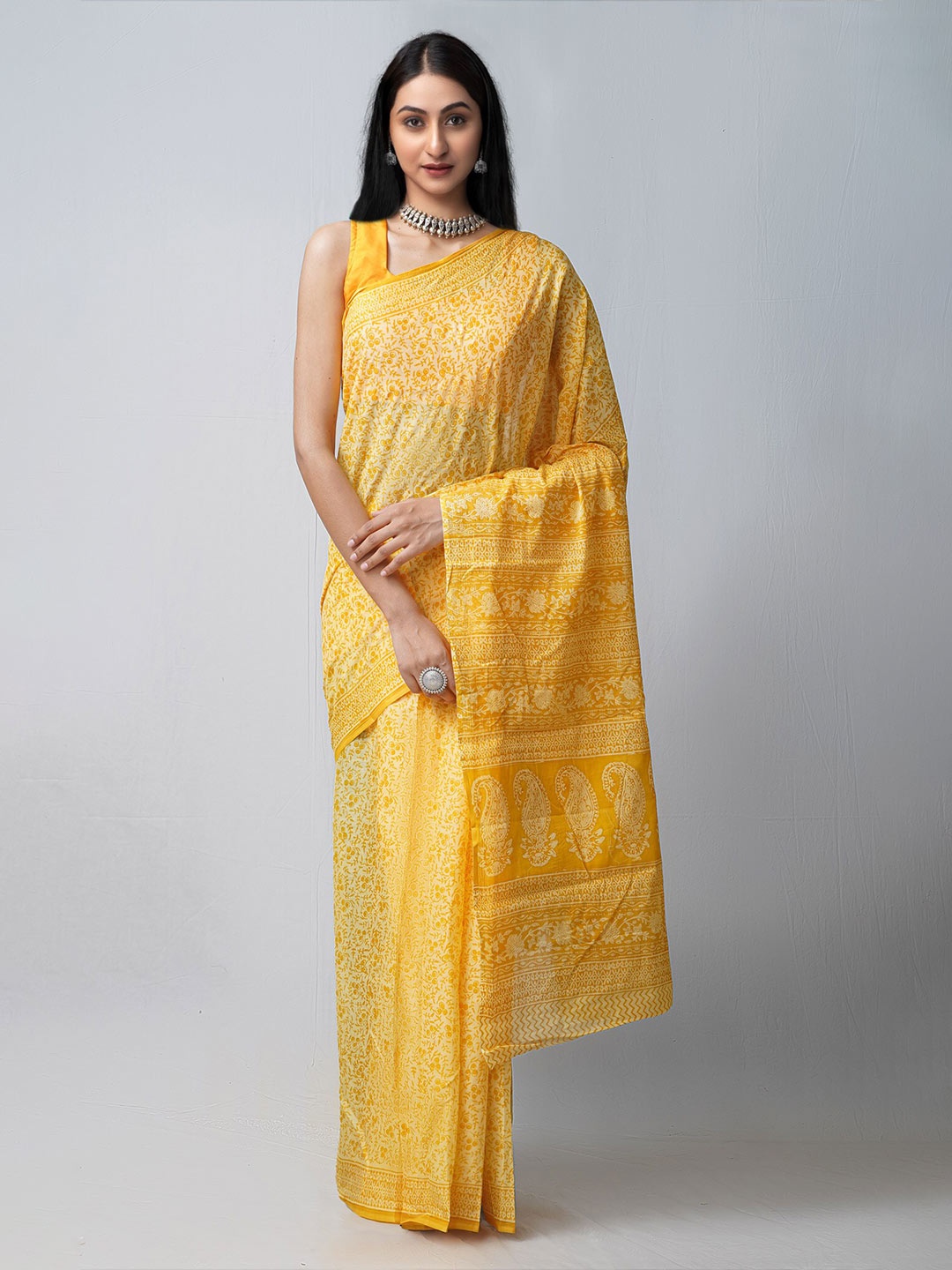 

Unnati Silks Yellow Ethnic Motifs Pure Cotton Hand Loom Sustainable Block Print Saree