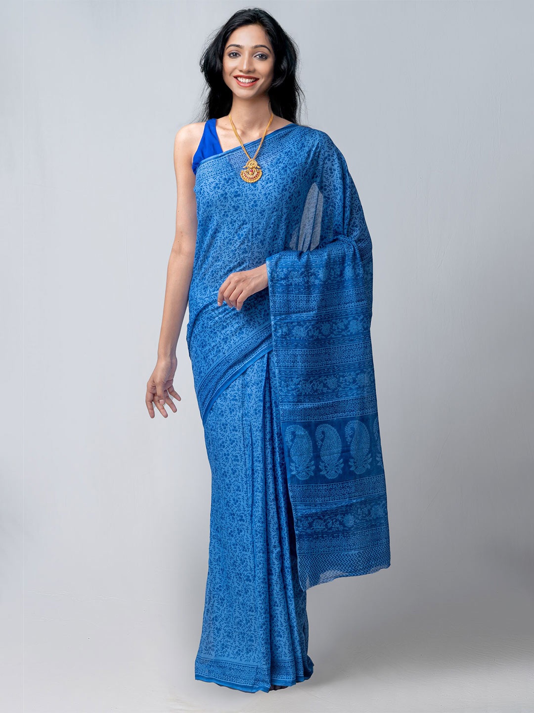 

Unnati Silks Blue Ethnic Motifs Pure Cotton Block Print Saree