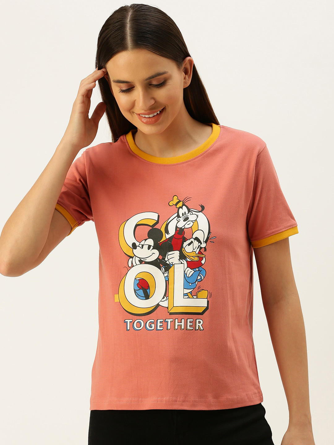 

JUNEBERRY Women Peach-Coloured & Multicoloured Goofy Printed T-shirt