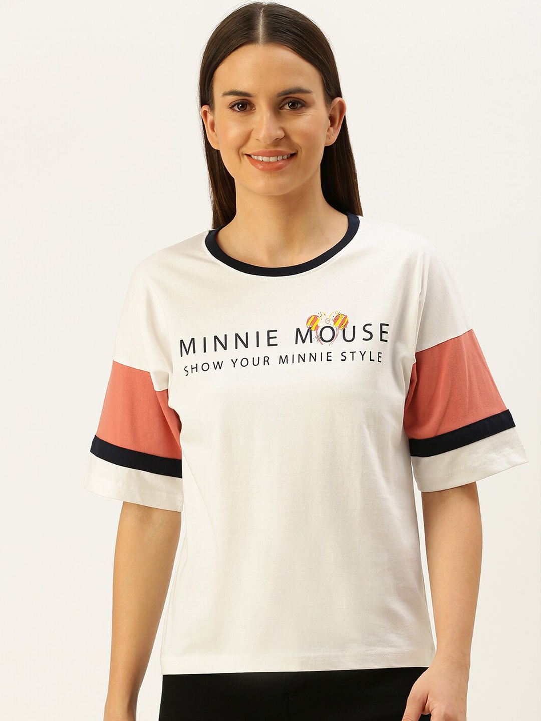

JUNEBERRY Women White Typography Minnie Mouse Applique T-shirt