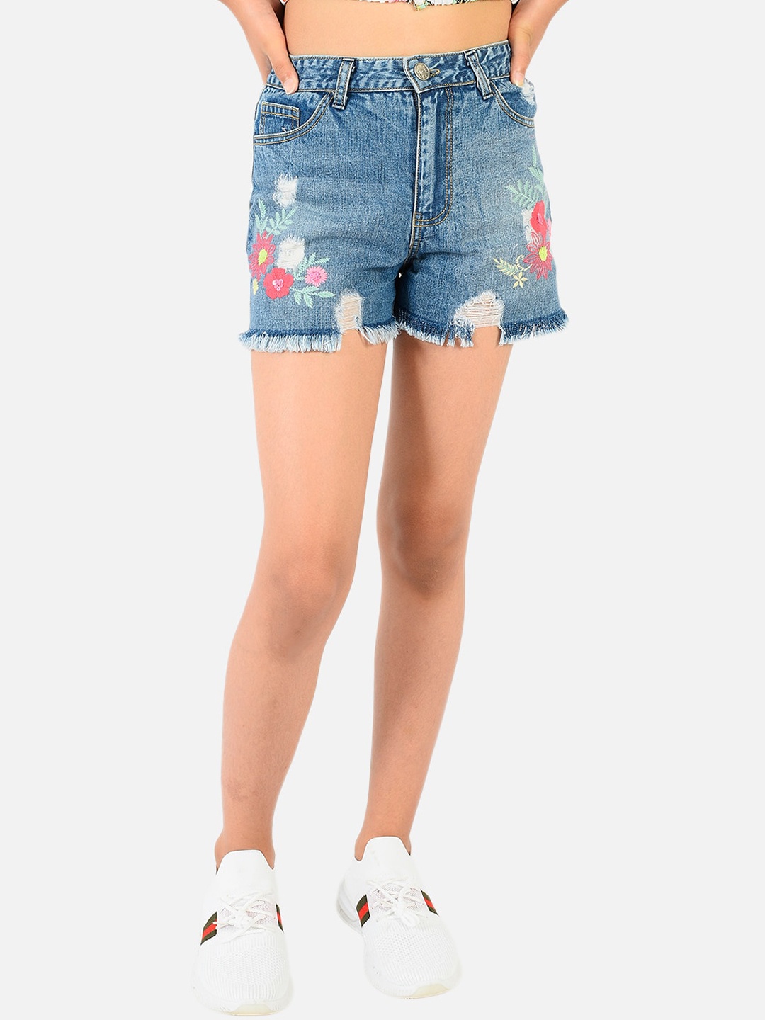 

Natilene Girls Blue Floral Embroidered Pure Cotton Denim Shorts