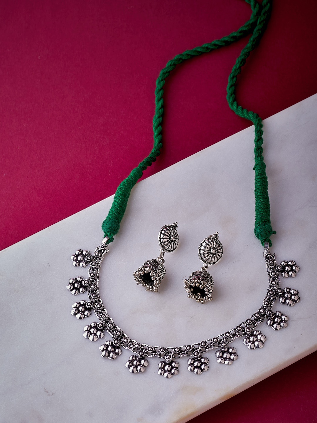 

ATIBELLE Silver-Plated Floral Inspired Oxidised German Silver Jewellery Set