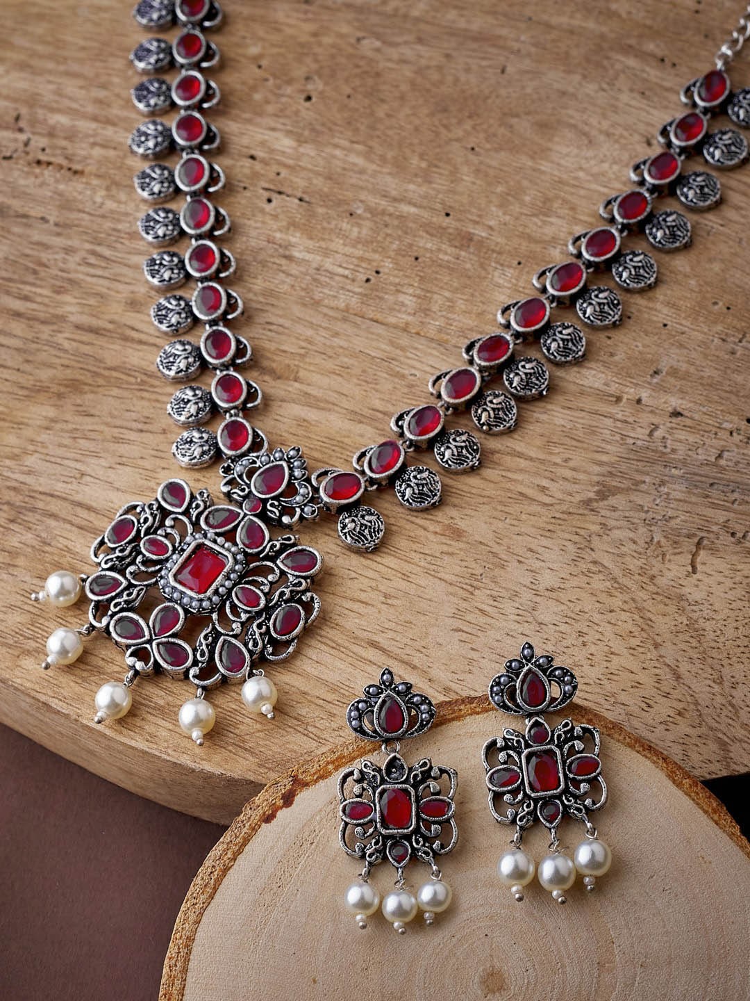 

ATIBELLE Oxidised Silver-Plated Maroon & White Stone-Studded & Pearl Beaded Jewellery Set