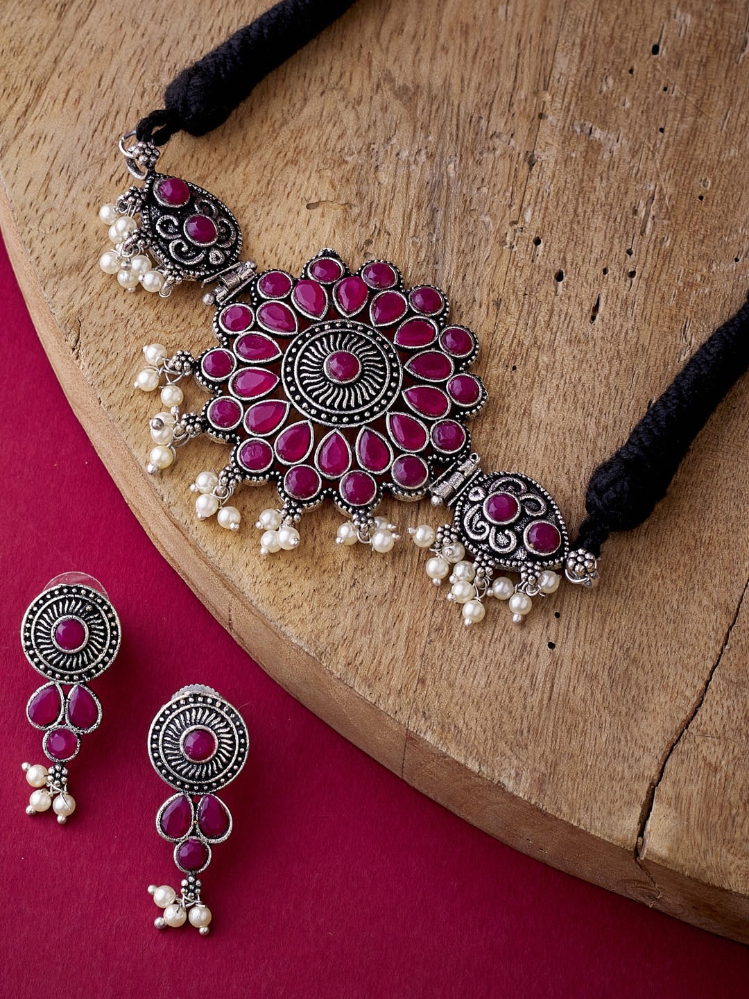 

ATIBELLE Oxidised Silver-Plated Maroon & White Stone-Studded & Pearl Beaded Jewellery Set