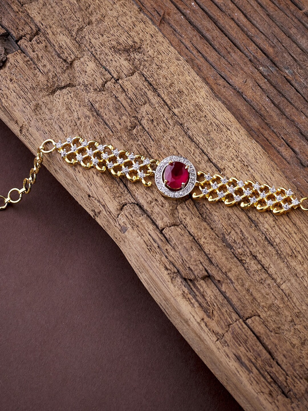 

ATIBELLE Women Gold-Plated White & Magenta American Diamond Bracelet