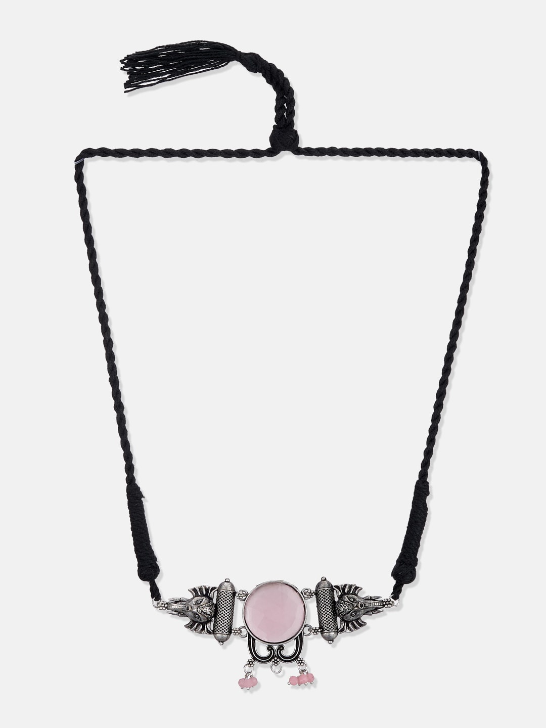 

ATIBELLE Silver-Plated Pink & White Stone Studded & Beaded Oxidised Jewellery Set