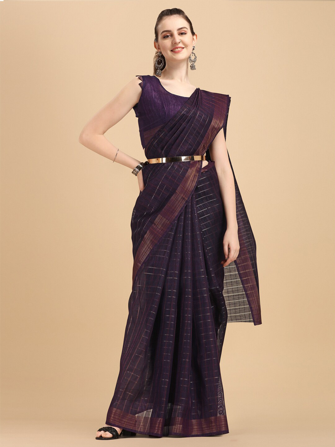 

KALINI Purple & Gold Checked Silk Cotton Saree