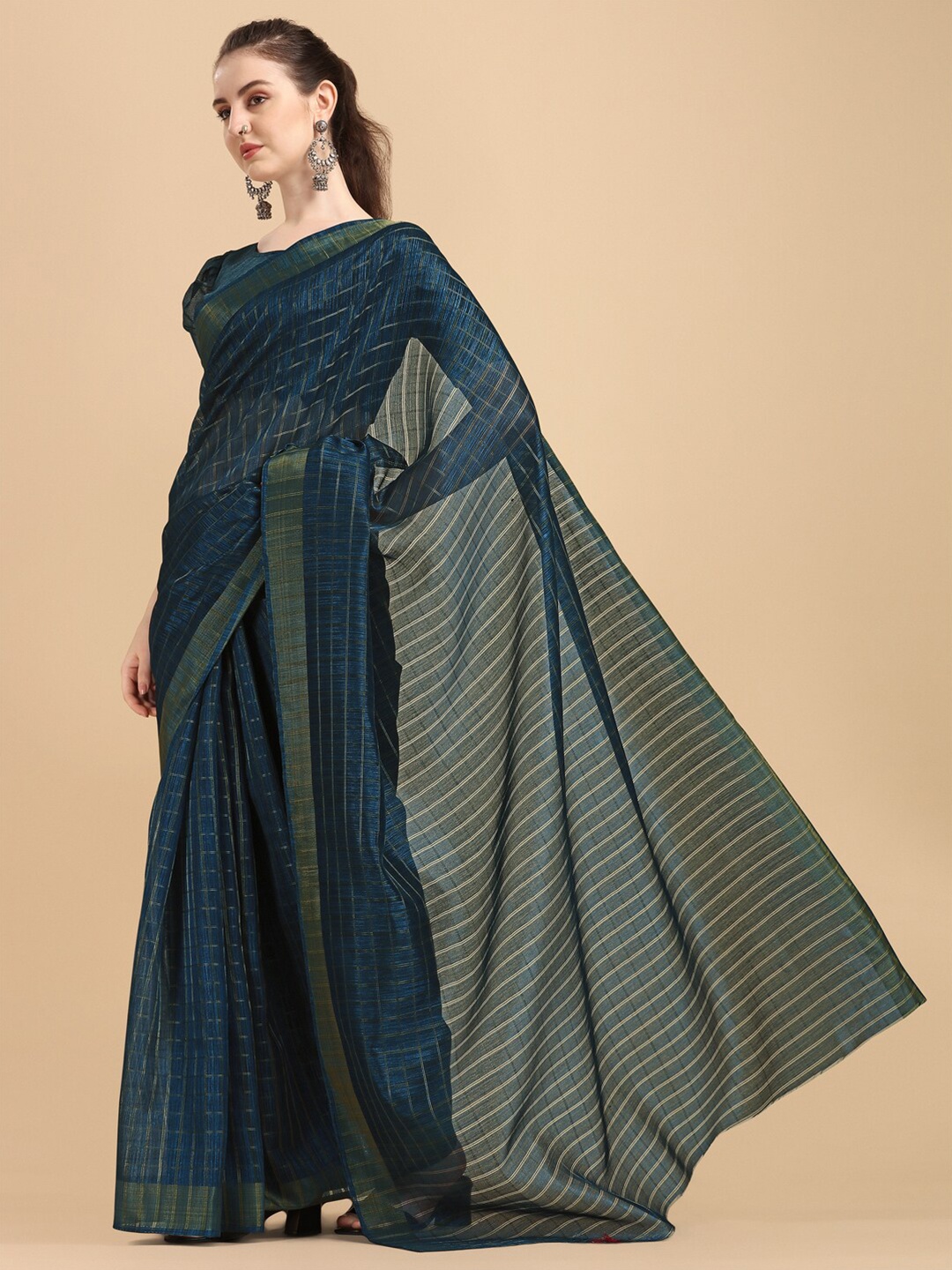 

KALINI Teal Green & Gold-Toned Striped Zari Silk Cotton Fusion Saree