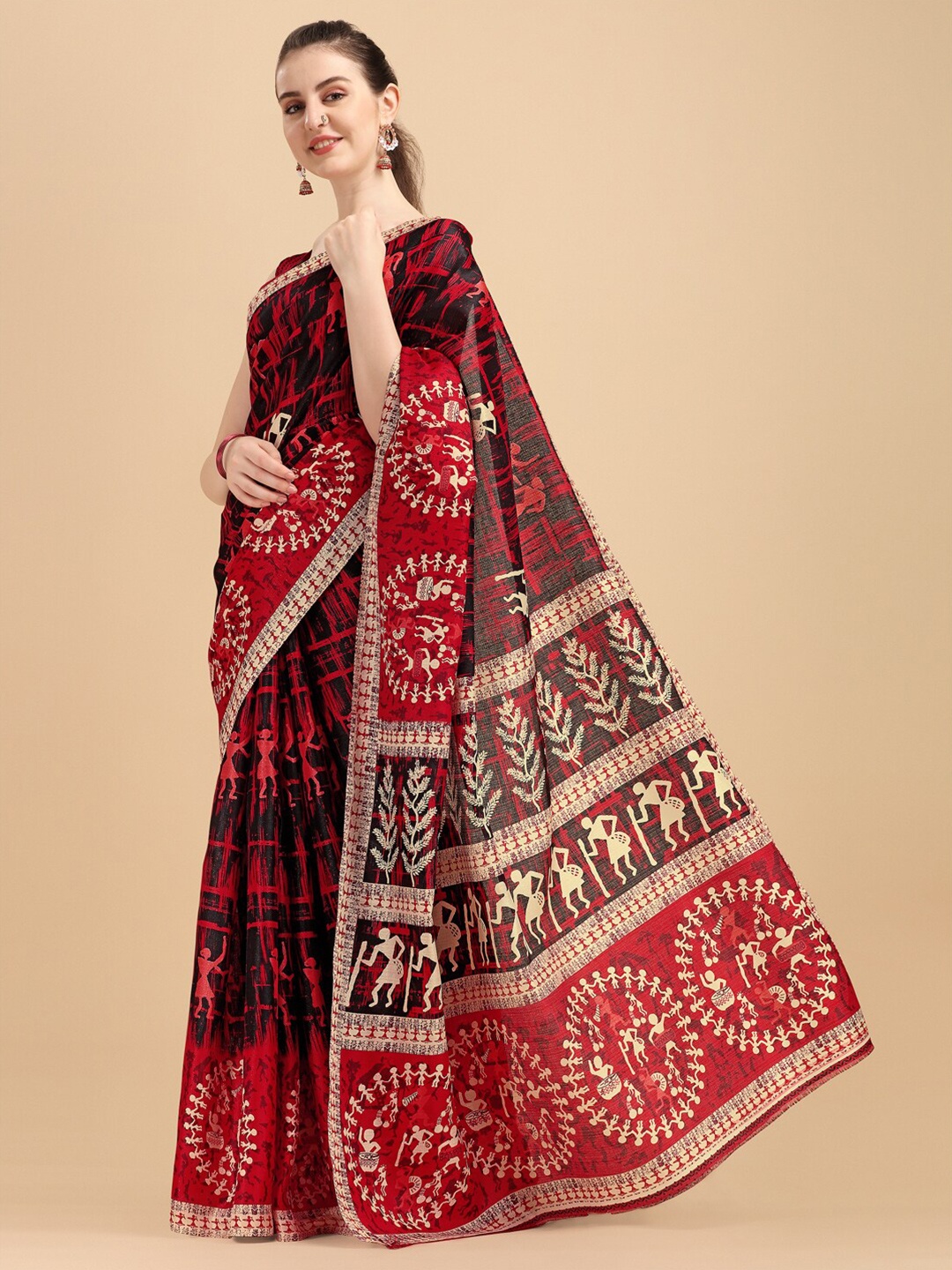 

KALINI Black & Red Warli Digital Printed Art Silk Saree