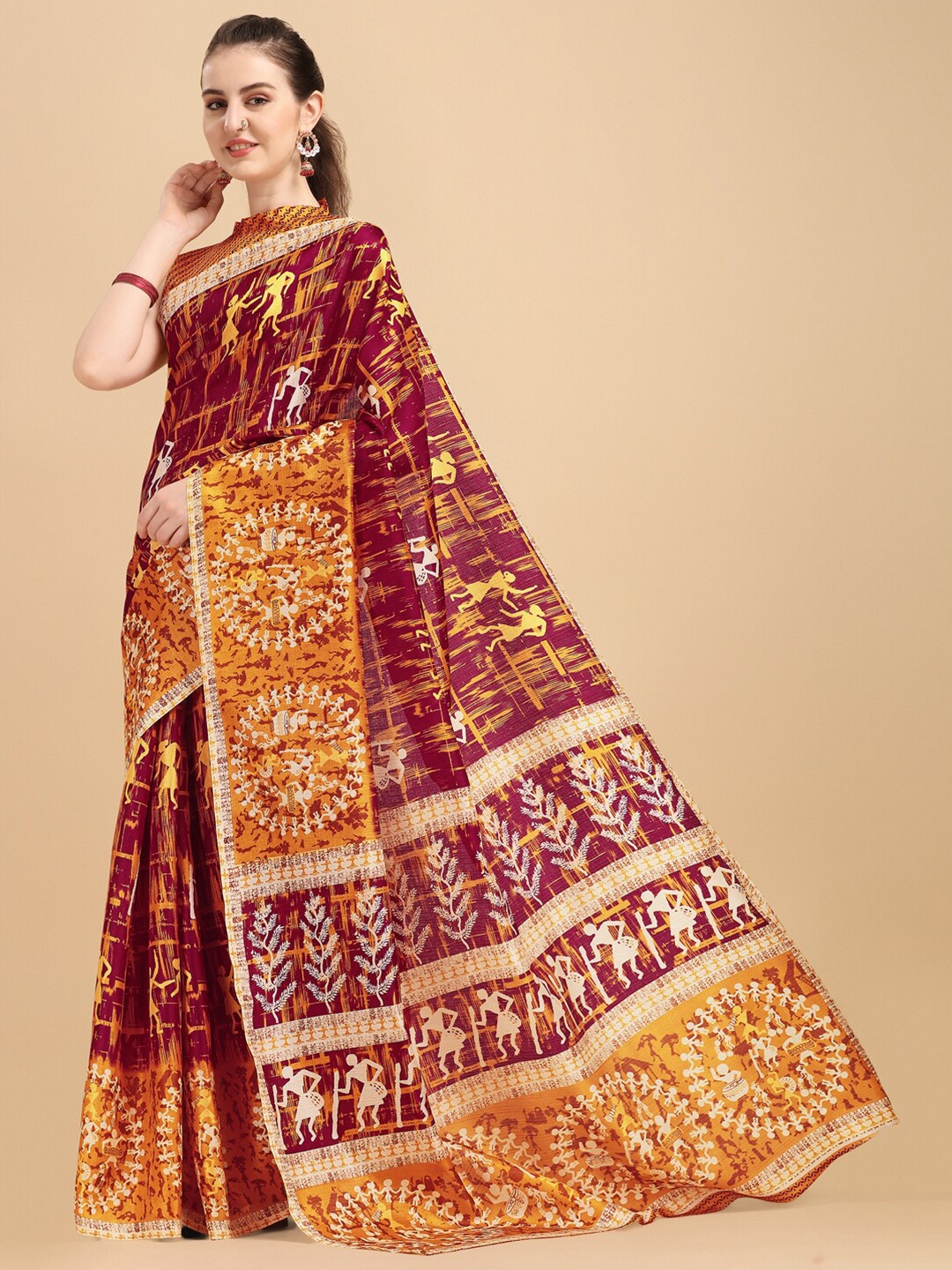 

KALINI Maroon & Yellow Ethnic Motifs Art Silk Fusion Saree