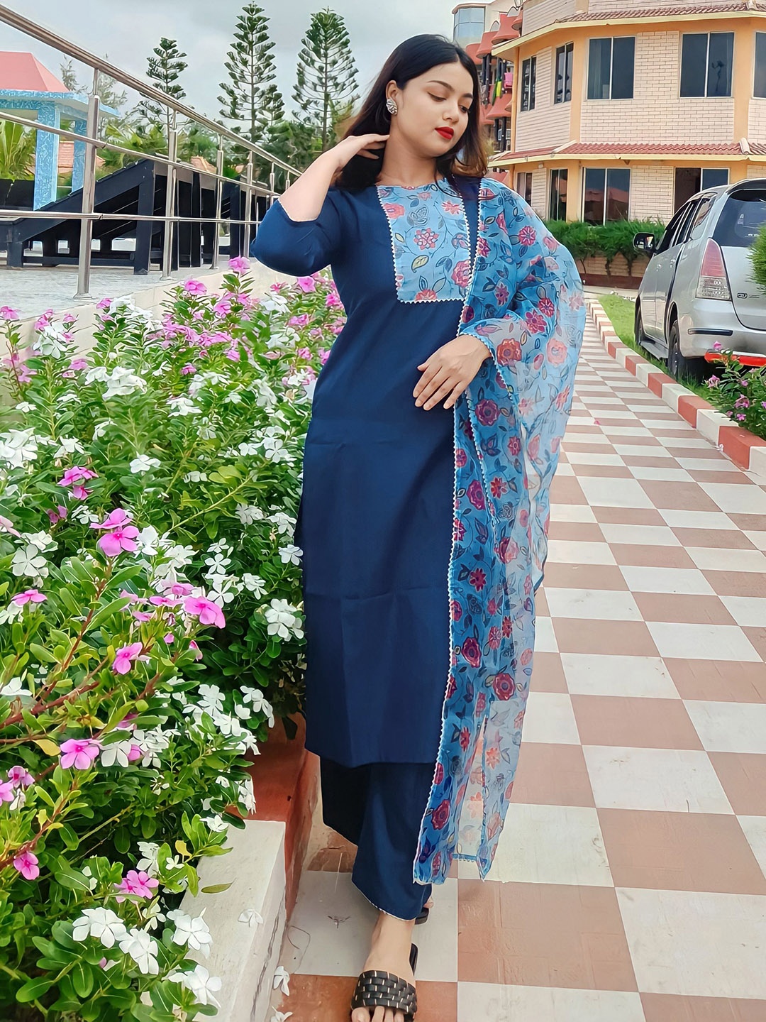 

KALINI Women Blue Floral Yoke Design Kurta with Trousers & With Dupatta