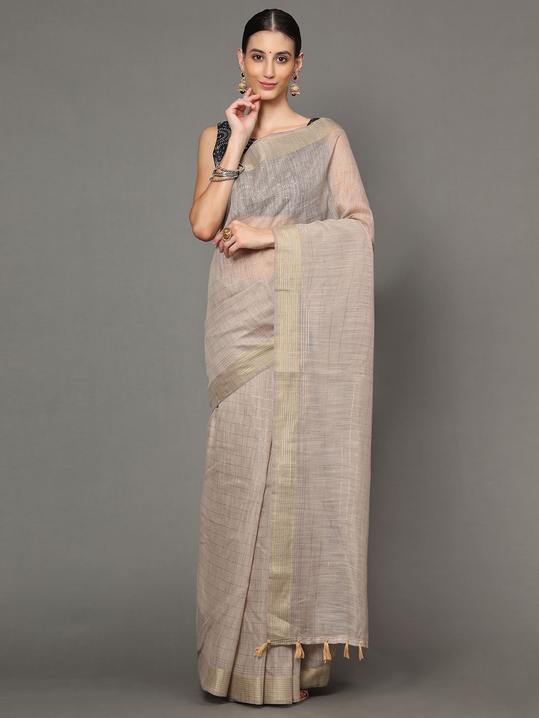 

Havida Sarees Beige & Gold-Toned Checked Pure Cotton Arani Saree