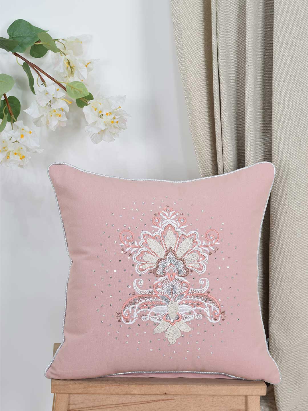 

BLANC9 Pink & White Floral Embroidered Square Cushion Covers
