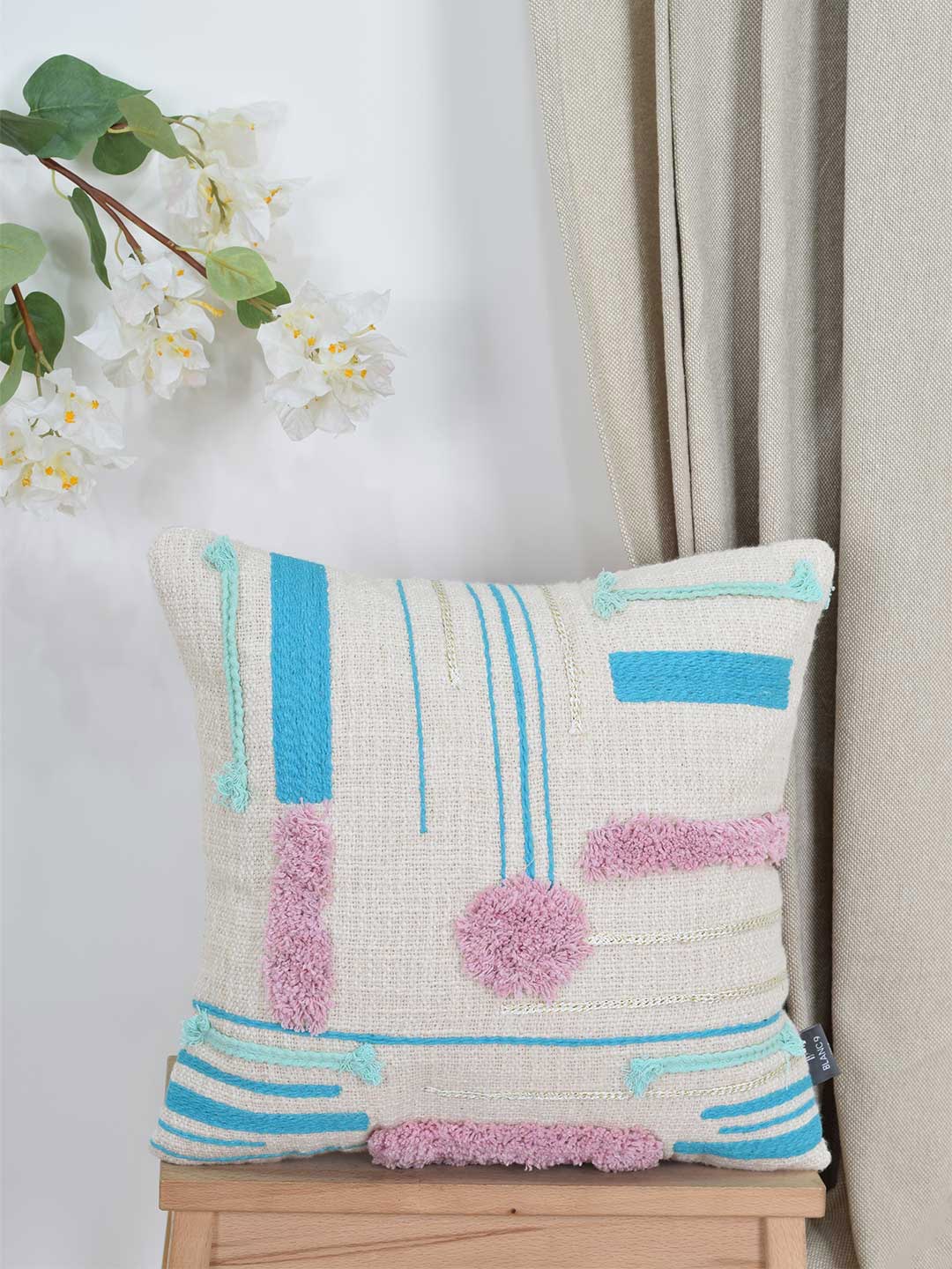 

BLANC9 Turquoise Blue & Off White Embroidered Square Cushion Covers