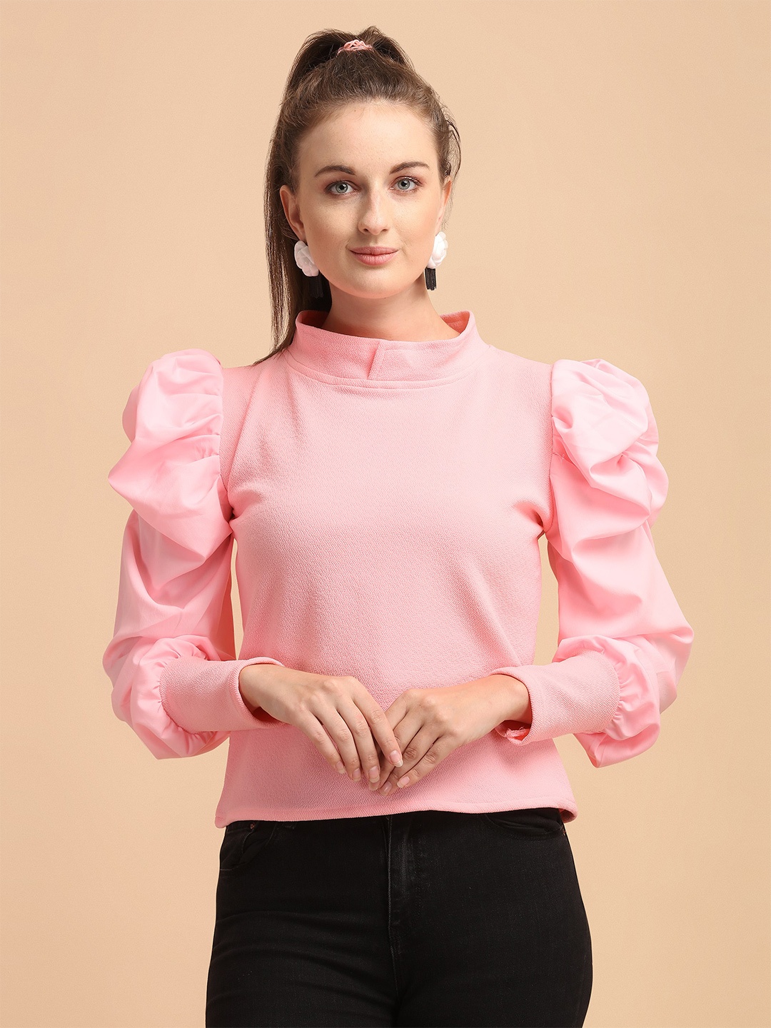 

Paralians Women Pink Solid Cuffed Sleeves Crepe Top