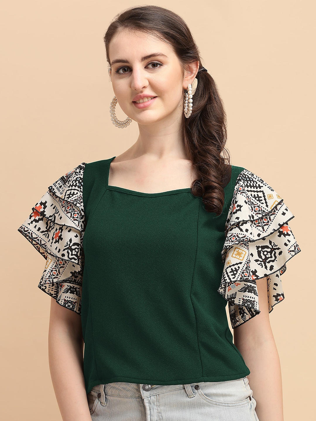 

Paralians Green & Multicoloured Tribal Print Crepe Top