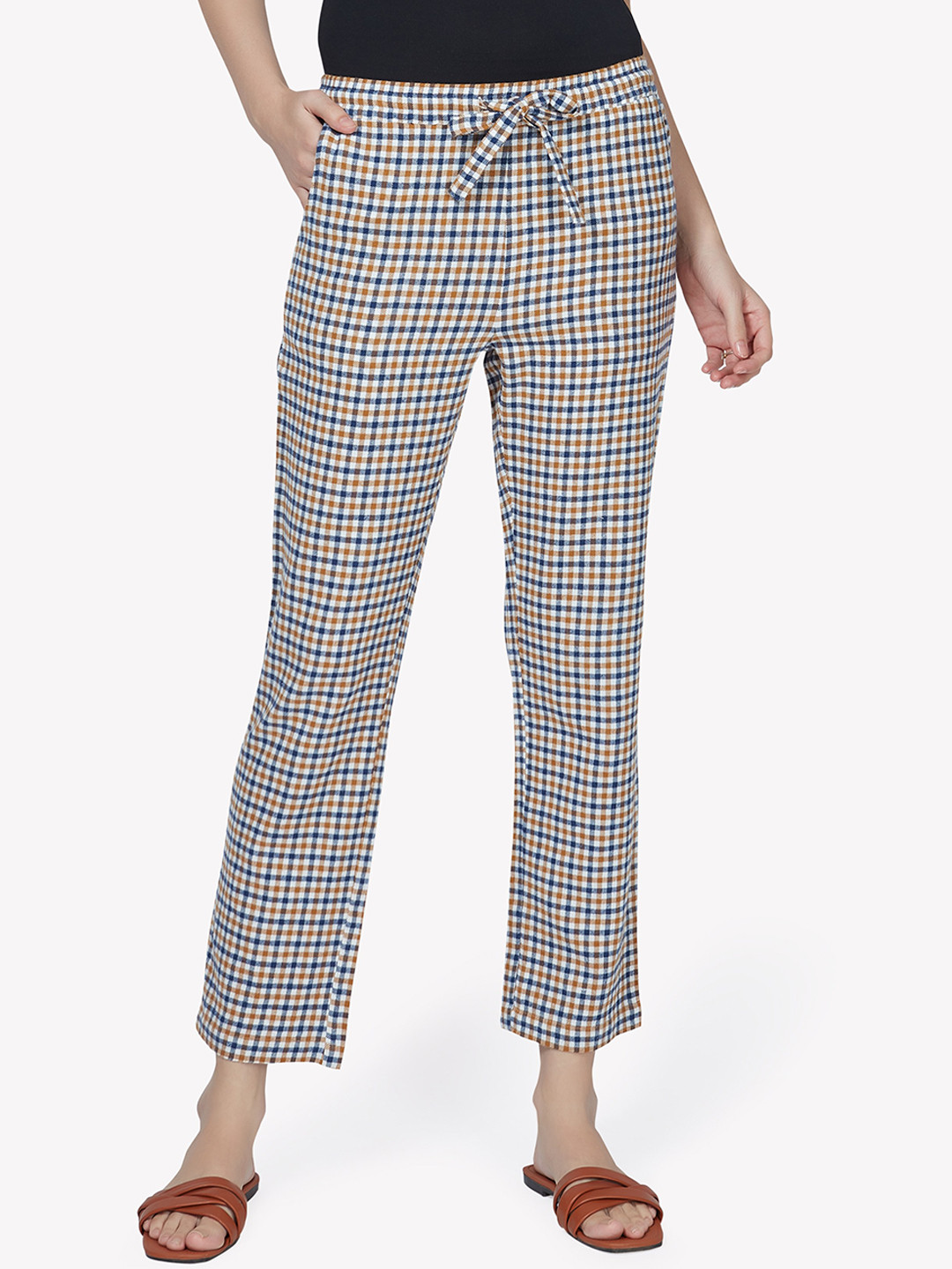 

VASTRADO Women Blue & Beige Checked Regular Trousers
