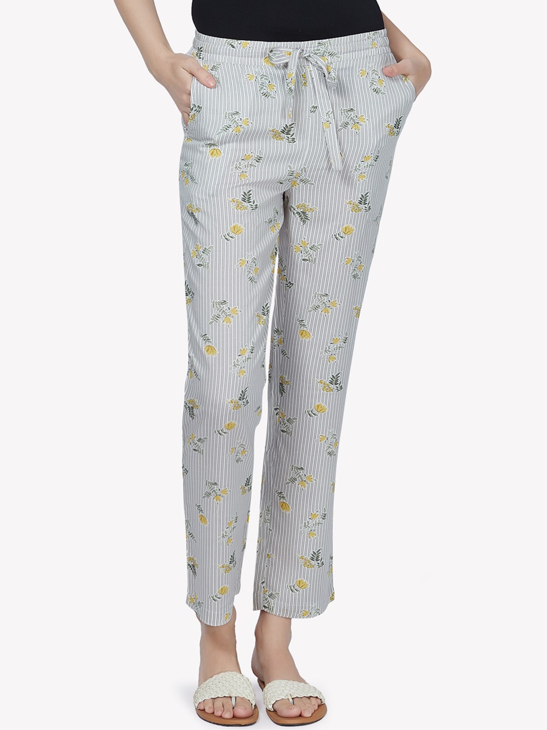 

VASTRADO Women White & Blue Striped Cotton Lounge Pants