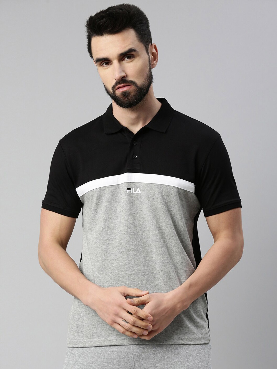 

FILA Men Grey & Black Colourblocked Polo Collar Organic Cotton Training or Gym T-shirt