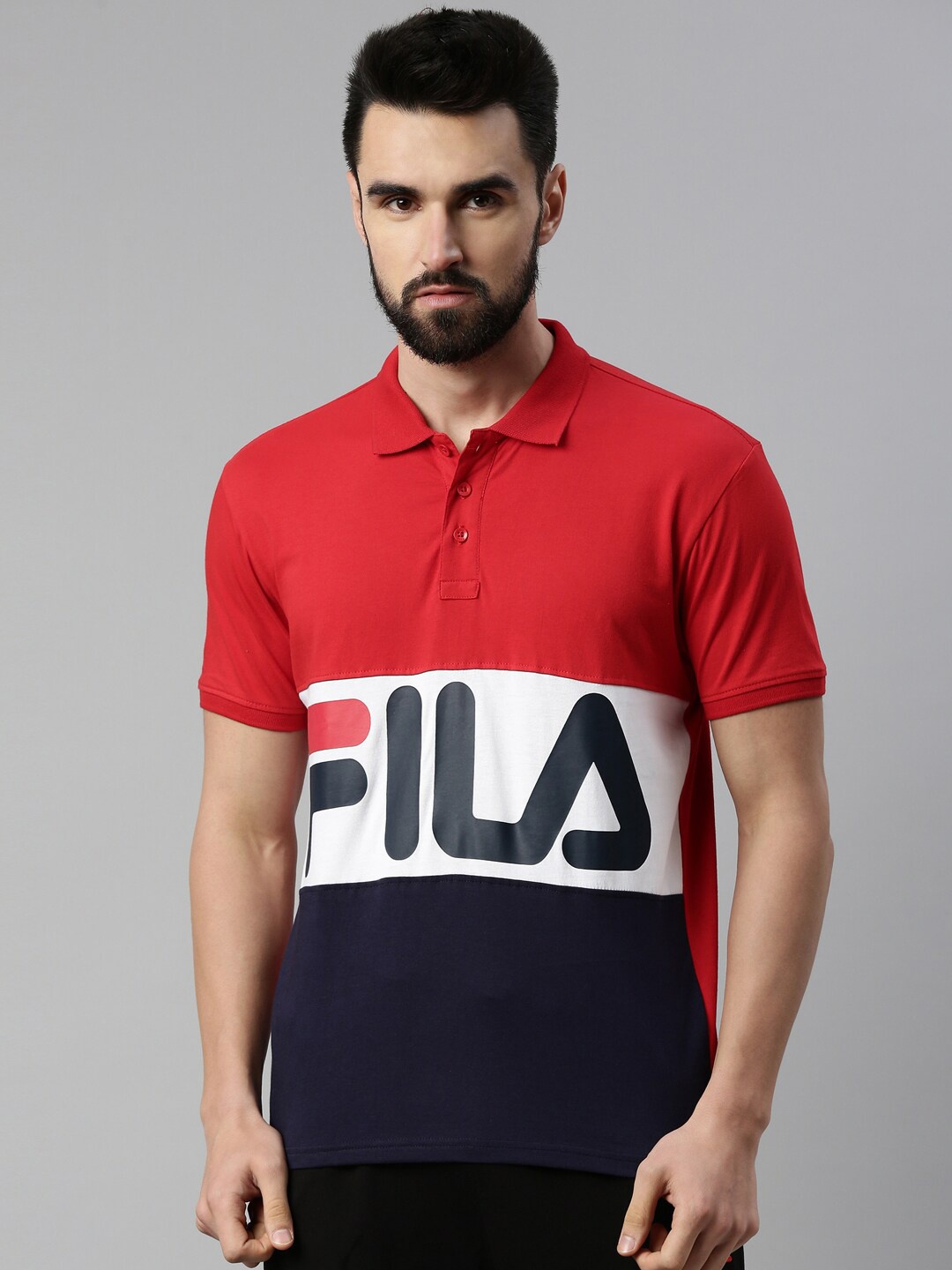 

FILA Men Red & Black Printed Polo Collar Organic Cotton T-shirt