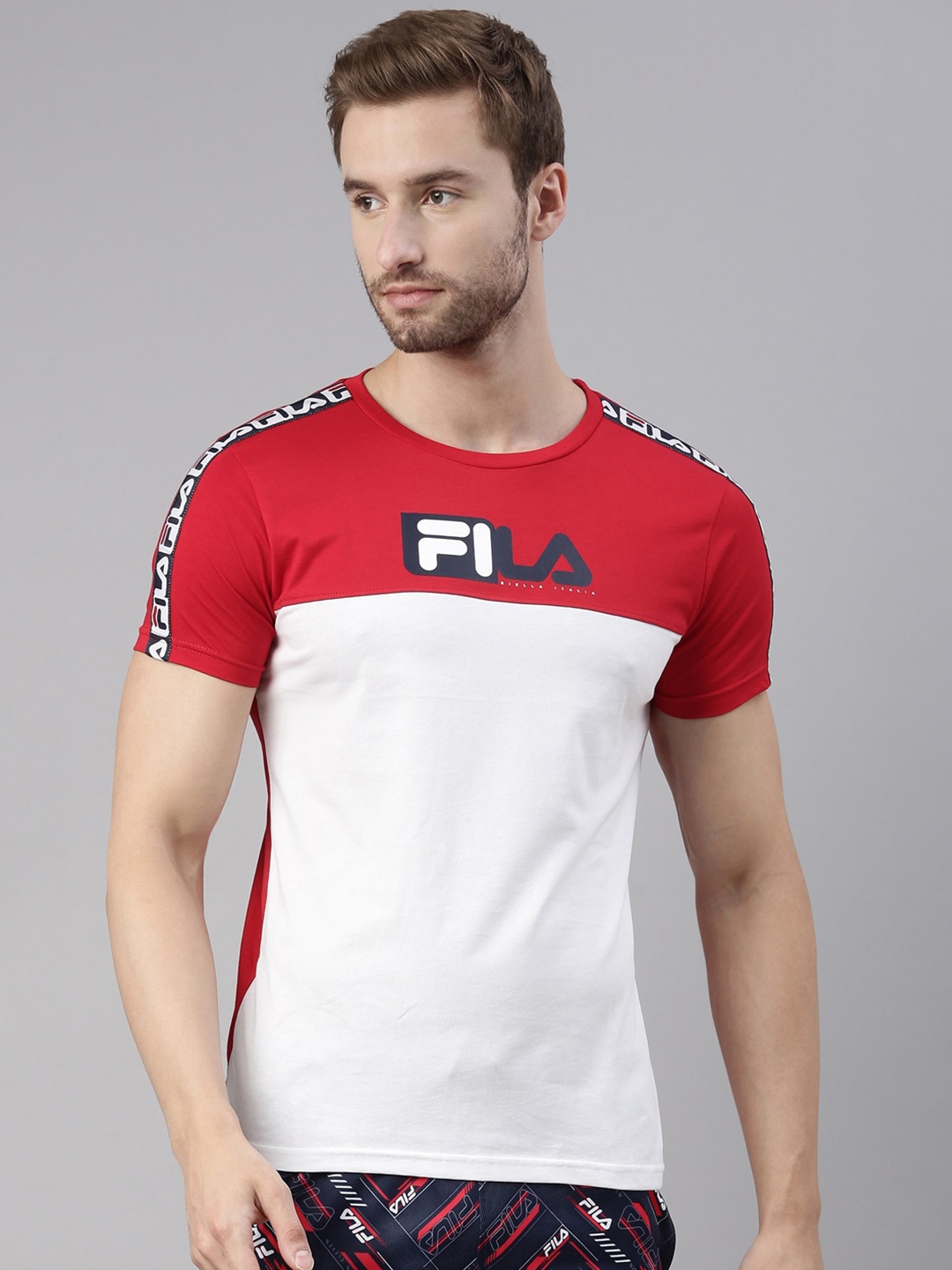 

FILA Men Red & White Colourblocked Organic Cotton Training or Gym T-shirt