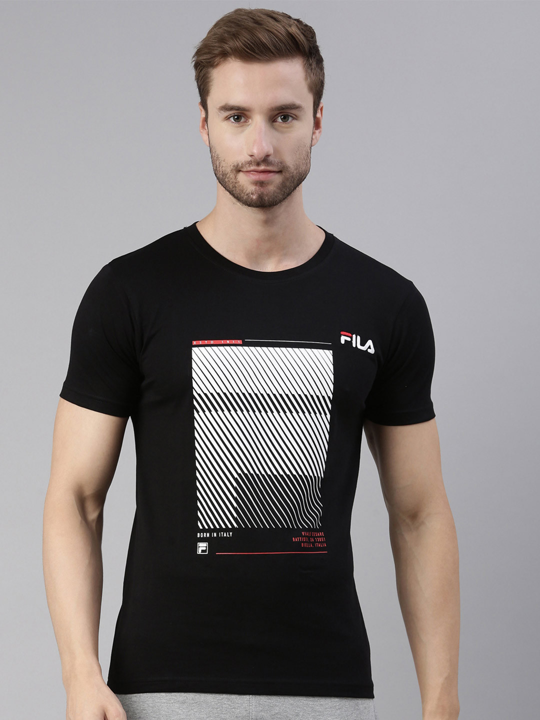 

FILA Men Black Printed Organic Cotton Training or Gym T-shirt