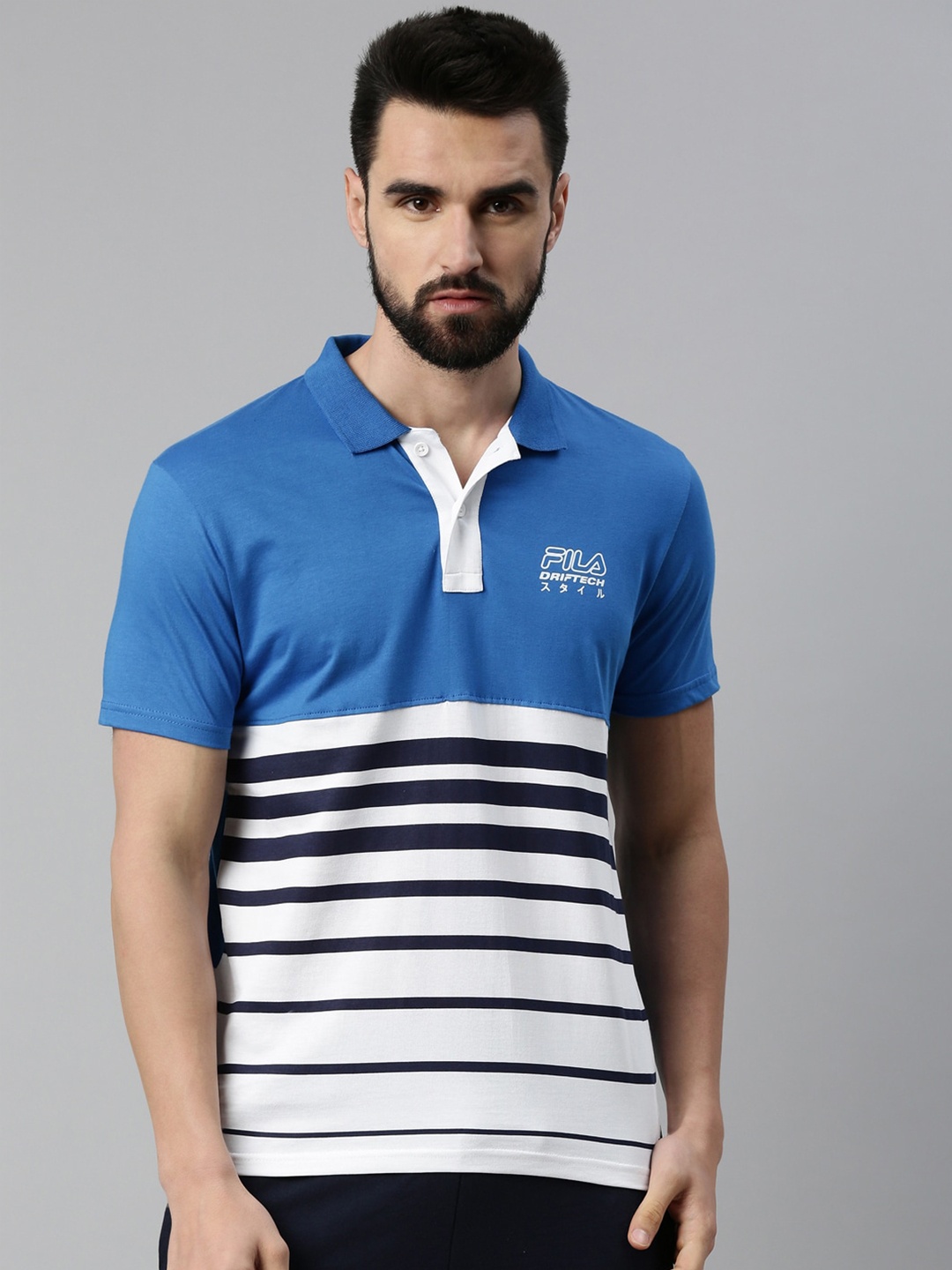 

FILA Men Blue & White Striped Polo Collar Organic Cotton T-shirt