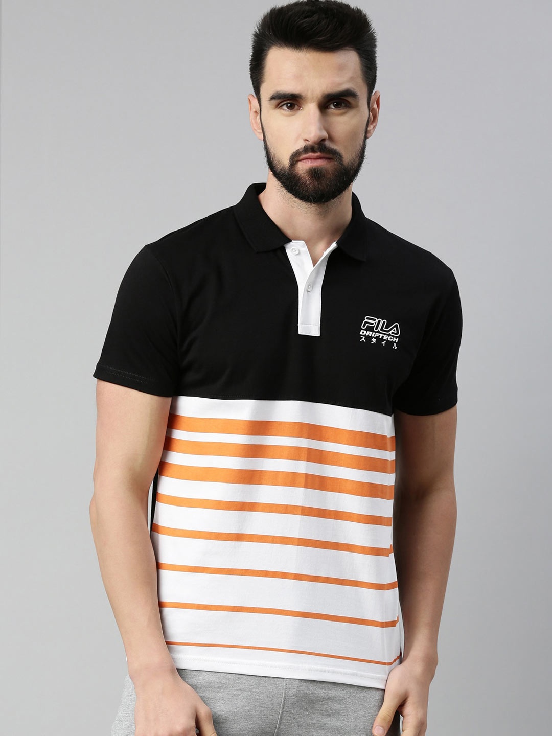 

FILA Men Black Striped Polo Collar Organic Cotton T-shirt