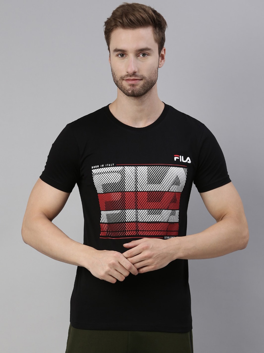 

FILA Men Black Typography Printed Organic Cotton Training or Gym T-shirt