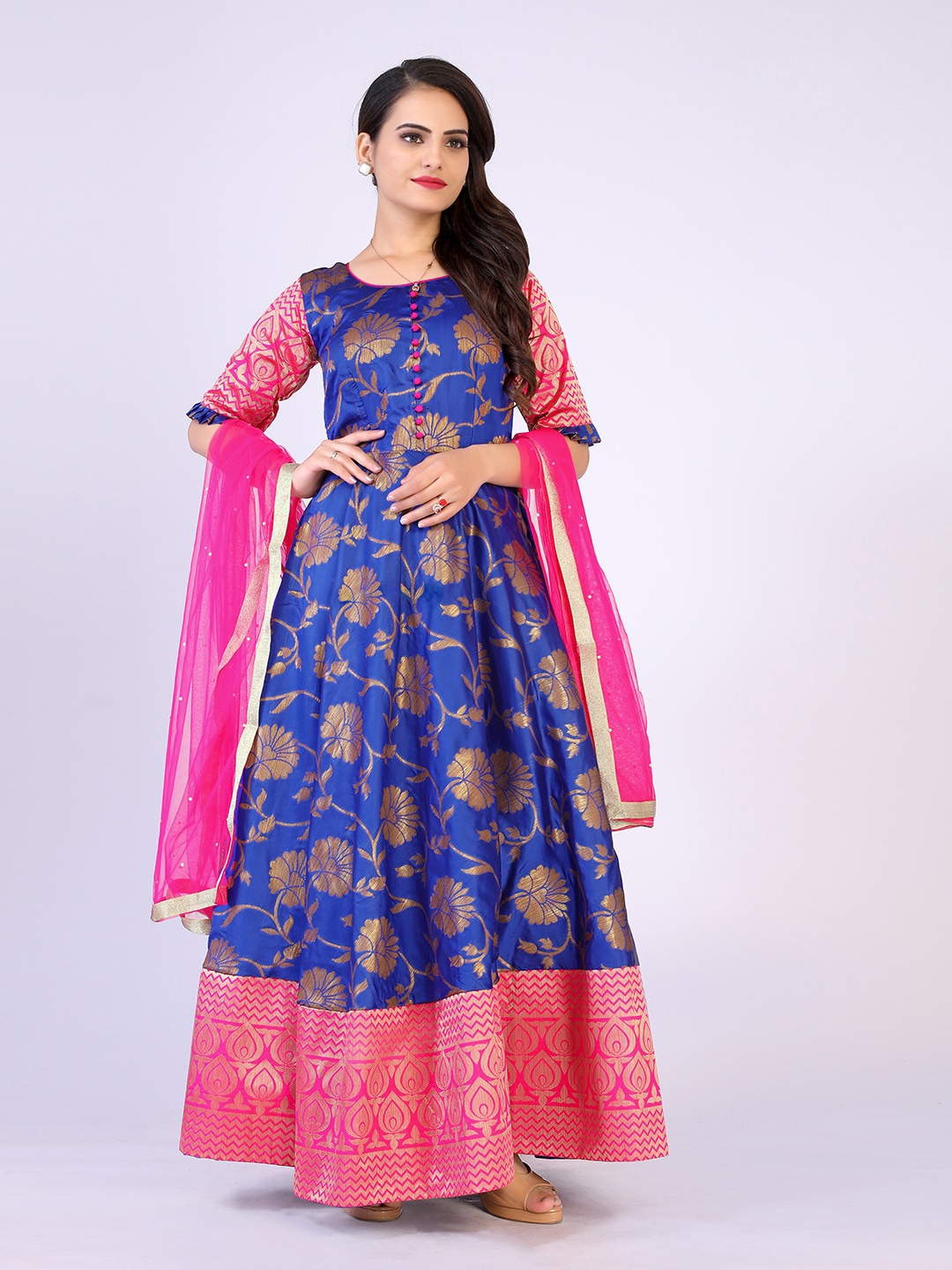 

PRENEA Women Blue & Pink Floral Jacquard Maxi Dress