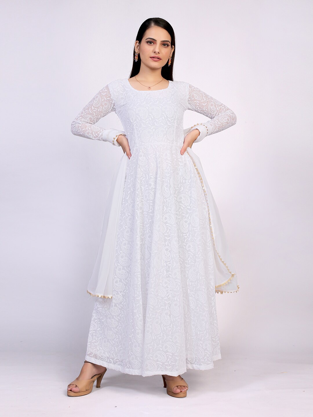 

PRENEA Women White Embroidered Georgette Fit & Flare Dress