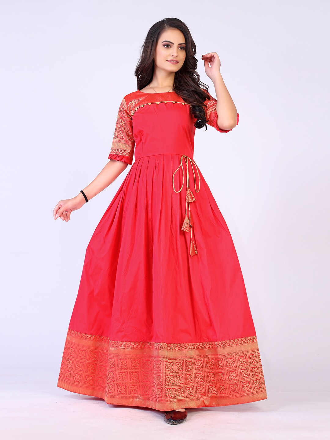 

PRENEA Pink Ethnic Motifs Jacquard Silk Ethnic Maxi Gown Dress