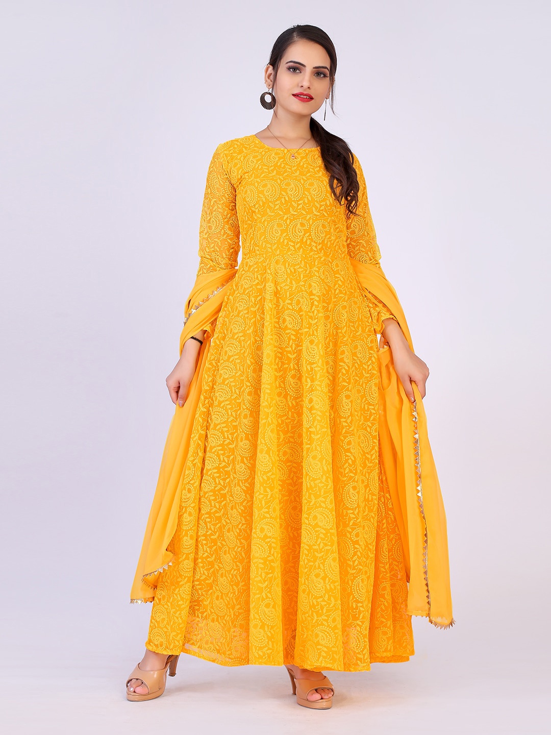 

PRENEA Women Yellow Embroidered Georgette Anarkali Kurta With Dupatta
