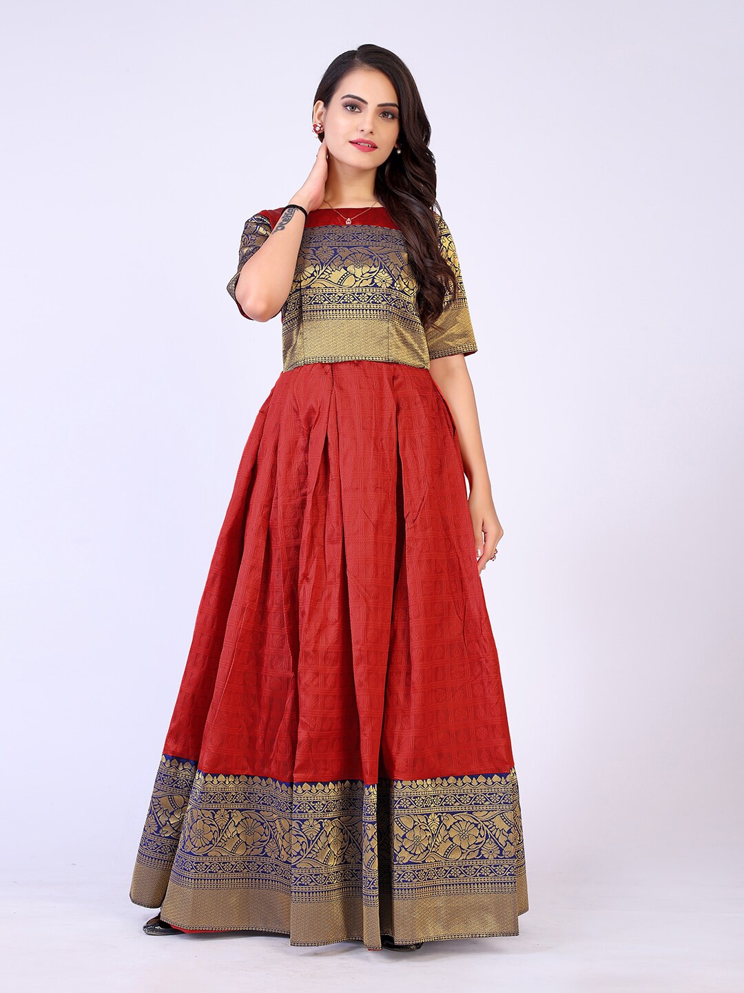 

PRENEA Women Maroon Ethnic Motifs Jacquard Maxi Dress