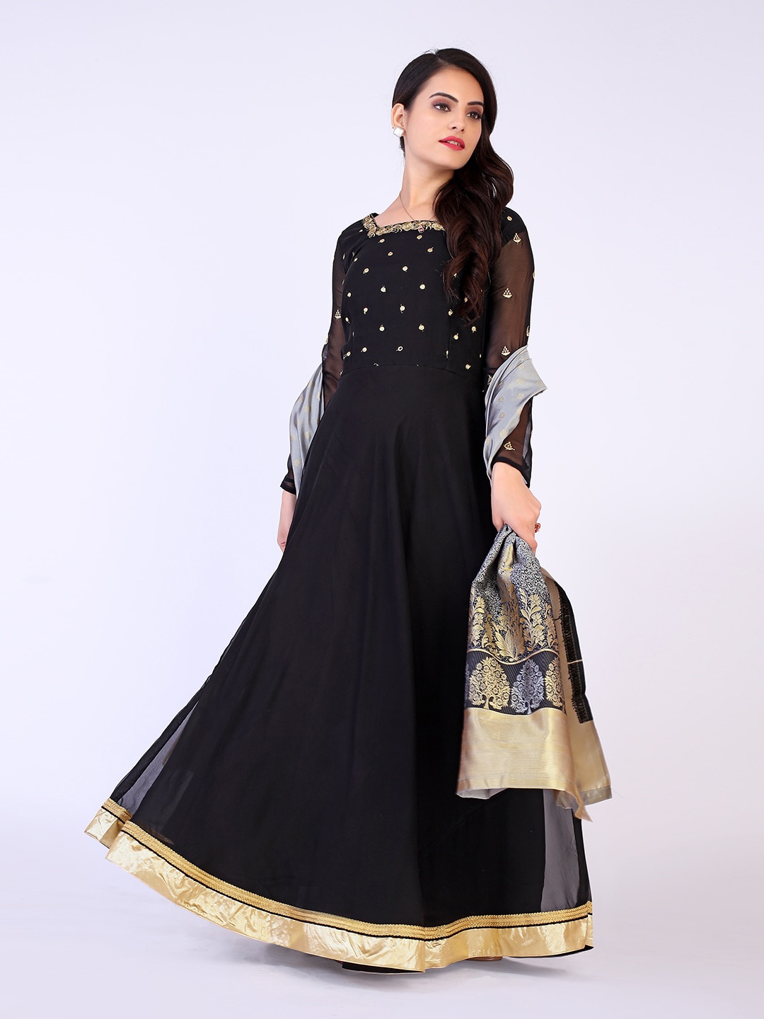 

PRENEA Black & Gold-Toned Ethnic Motifs Embroidered Georgette Maxi Dress